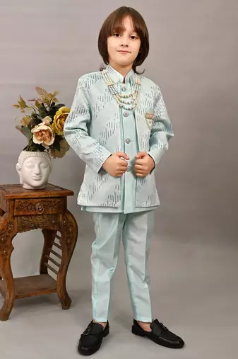 Boys sky blue silk sequined embroidered wavy motifs sherwani set