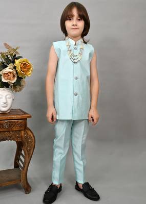 Boys sky blue silk sequined embroidered wavy motifs sherwani set 5