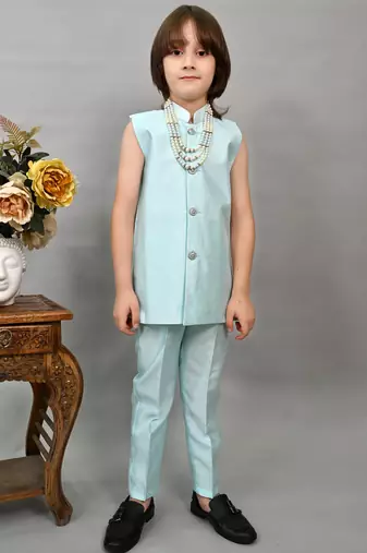 Boys sky blue silk sequined embroidered wavy motifs sherwani set