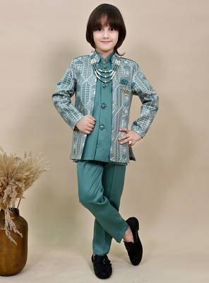 Boys sea green satin geometric sequined embroidered sherwani set 1