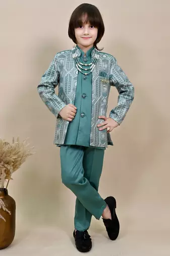 Boys sea green satin geometric sequined embroidered sherwani set
