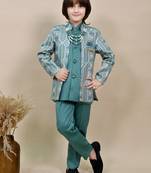 Boys sea green satin geometric sequined embroidered sherwani set