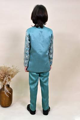 Boys sea green satin geometric sequined embroidered sherwani set 2