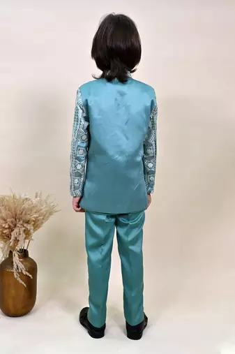 Boys sea green satin geometric sequined embroidered sherwani set