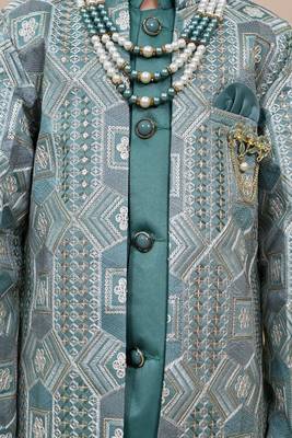 Boys sea green satin geometric sequined embroidered sherwani set 3