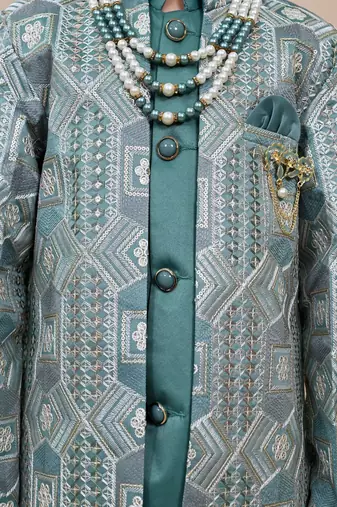 Boys sea green satin geometric sequined embroidered sherwani set