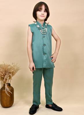 Boys sea green satin geometric sequined embroidered sherwani set 5