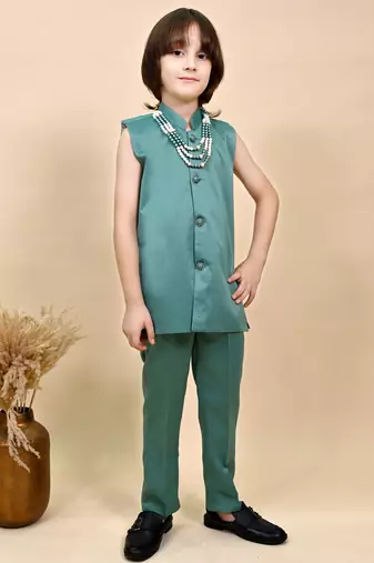 Boys sea green satin geometric sequined embroidered sherwani set