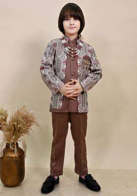 Boys coffee brown satin geometric sequined embroidered sherwani set 1
