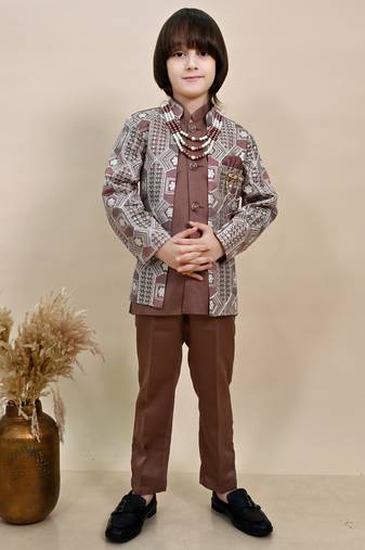 Boys coffee brown satin geometric sequined embroidered sherwani set