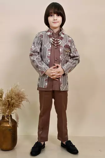 Boys coffee brown satin geometric sequined embroidered sherwani set