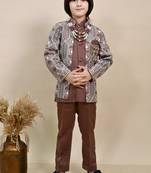 Boys coffee brown satin geometric sequined embroidered sherwani set