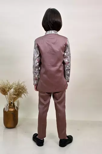 Boys coffee brown satin geometric sequined embroidered sherwani set