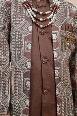 Boys coffee brown satin geometric sequined embroidered sherwani set 3