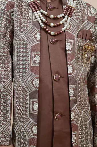 Boys coffee brown satin geometric sequined embroidered sherwani set