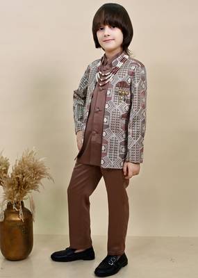 Boys coffee brown satin geometric sequined embroidered sherwani set 4