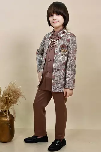 Boys coffee brown satin geometric sequined embroidered sherwani set