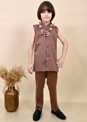 Boys coffee brown satin geometric sequined embroidered sherwani set 5