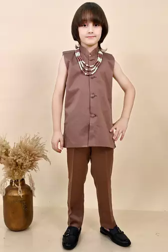 Boys coffee brown satin geometric sequined embroidered sherwani set