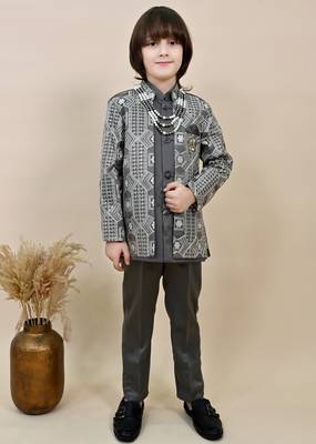 Boys charcoal grey satin geometric sequined embroidered sherwani set 1