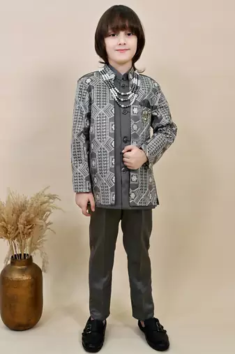 Boys charcoal grey satin geometric sequined embroidered sherwani set
