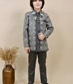 Boys charcoal grey satin geometric sequined embroidered sherwani set