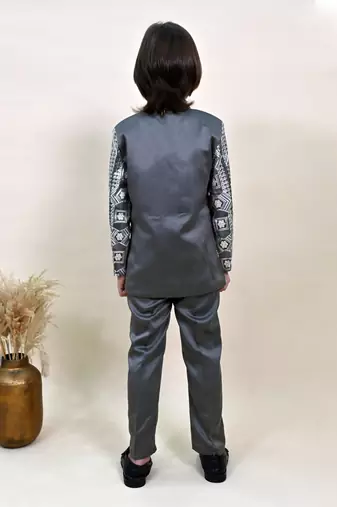 Boys charcoal grey satin geometric sequined embroidered sherwani set