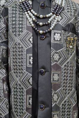 Boys charcoal grey satin geometric sequined embroidered sherwani set 3
