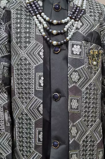 Boys charcoal grey satin geometric sequined embroidered sherwani set