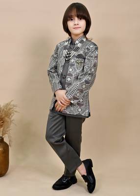 Boys charcoal grey satin geometric sequined embroidered sherwani set 4