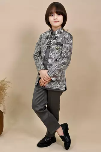 Boys charcoal grey satin geometric sequined embroidered sherwani set