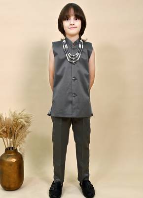 Boys charcoal grey satin geometric sequined embroidered sherwani set 5