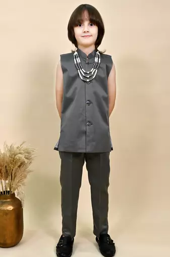 Boys charcoal grey satin geometric sequined embroidered sherwani set