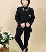 Boys black silk blend zigzag jacquard embroidered sherwani set