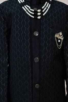 Boys black silk blend zigzag jacquard embroidered sherwani set 3