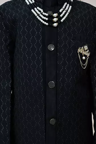Boys black silk blend zigzag jacquard embroidered sherwani set