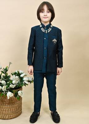 Boys royal blue silk blend zigzag jacquard embroidered sherwani set 1