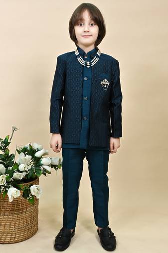 Boys royal blue silk blend zigzag jacquard embroidered sherwani set