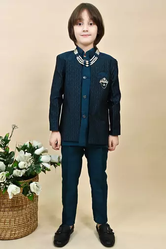 Boys royal blue silk blend zigzag jacquard embroidered sherwani set
