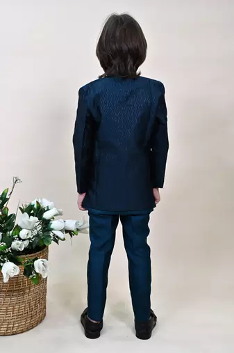 Boys royal blue silk blend zigzag jacquard embroidered sherwani set