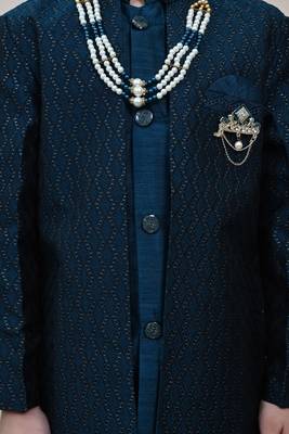 Boys royal blue silk blend zigzag jacquard embroidered sherwani set 3