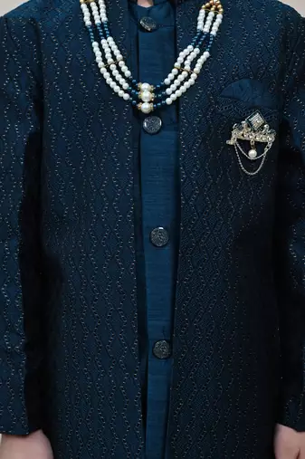 Boys royal blue silk blend zigzag jacquard embroidered sherwani set