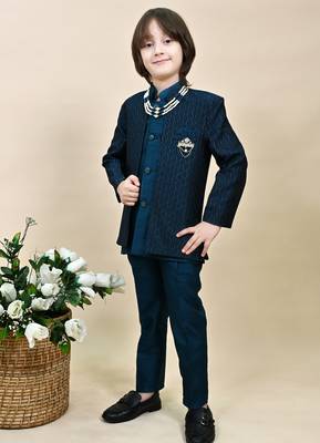 Boys royal blue silk blend zigzag jacquard embroidered sherwani set 4
