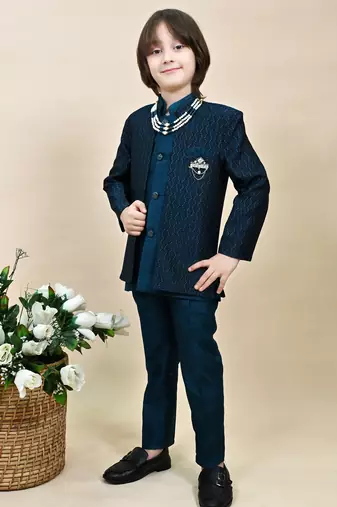 Boys royal blue silk blend zigzag jacquard embroidered sherwani set