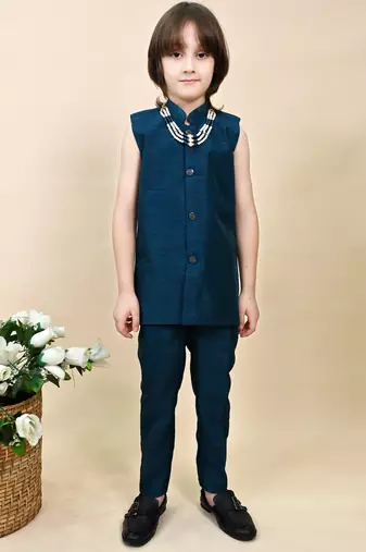 Boys royal blue silk blend zigzag jacquard embroidered sherwani set