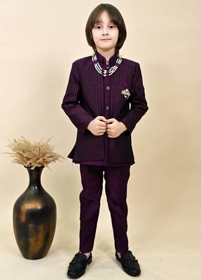 Boys wine silk blend zigzag jacquard embroidered sherwani set 1