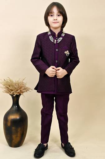 Boys wine silk blend zigzag jacquard embroidered sherwani set