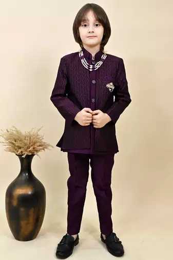 Boys wine silk blend zigzag jacquard embroidered sherwani set