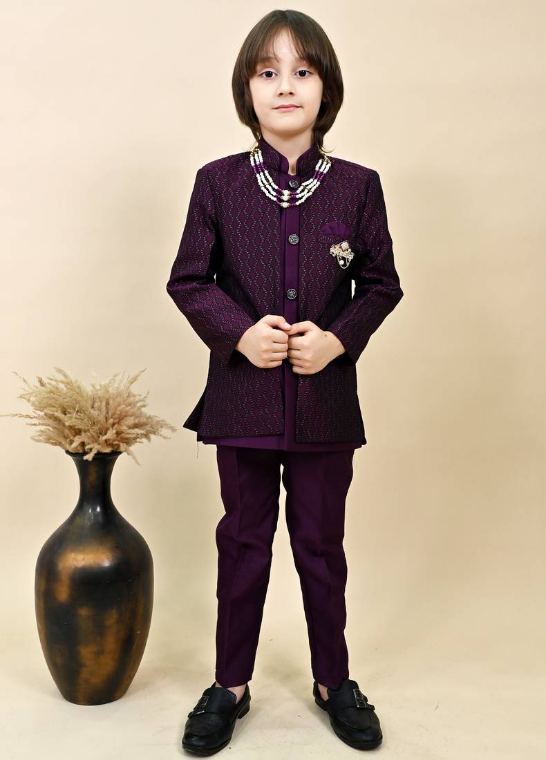 Boys wine silk blend zigzag jacquard embroidered sherwani set