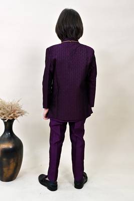 Boys wine silk blend zigzag jacquard embroidered sherwani set 2